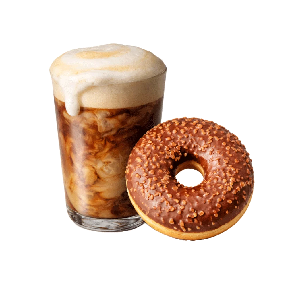 Ledeni cappuccino napitak uz čokoladni donut.