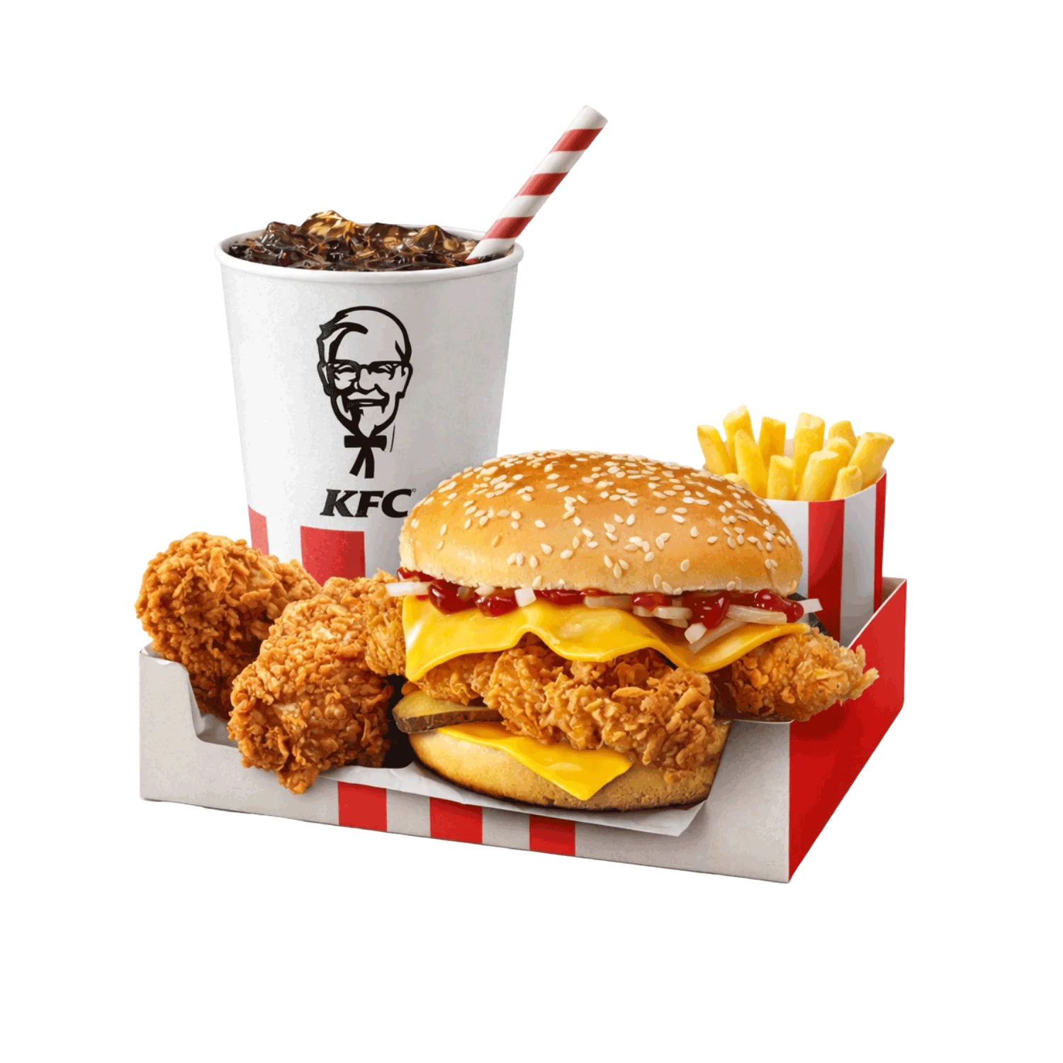 kfc box sa burgerom, piletinom, pomfritom i pićem