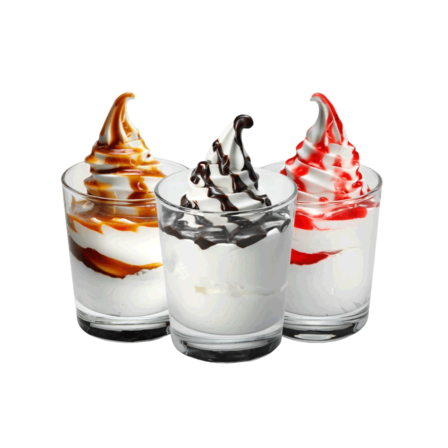 kfc sladoled u čaši sa karamel, čokoladnim i jagoda preljevom