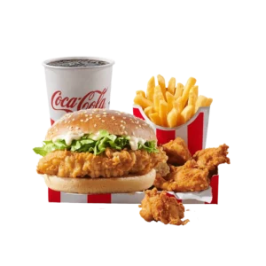 kfc classic burger box s burgerom od hrskave piletine, pomfritom i coca-cola pićem