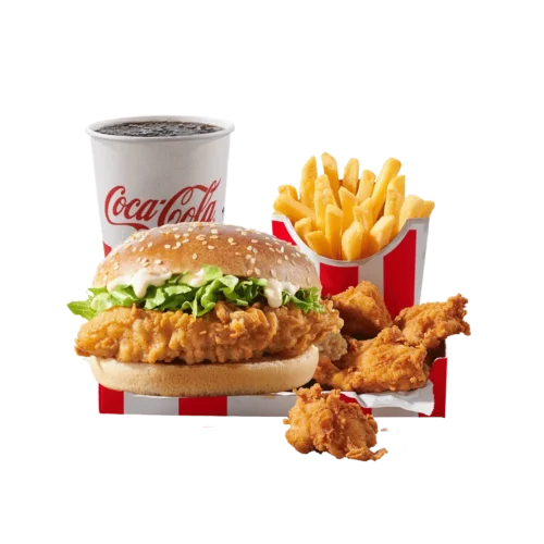 kfc classic burger box s burgerom od hrskave piletine, pomfritom i coca-cola pićem