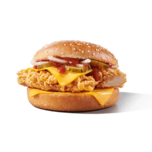 double cheeseburger sa hrskavom piletinom, topljenim sirom, krastavcima i sosom