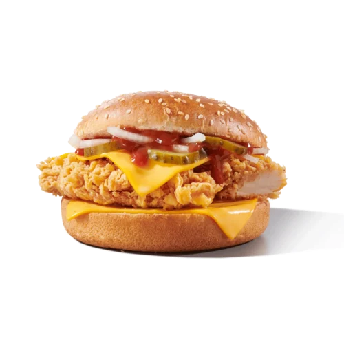 double cheeseburger sa hrskavom piletinom, topljenim sirom, krastavcima i sosom