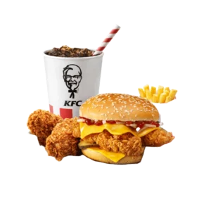 double cheeseburger box sa burgerom, komadima piletine, pomfritom i coca-cola pićem