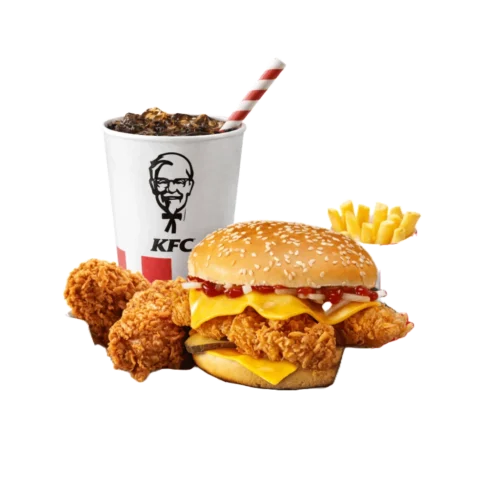 double cheeseburger box sa burgerom, komadima piletine, pomfritom i coca-cola pićem