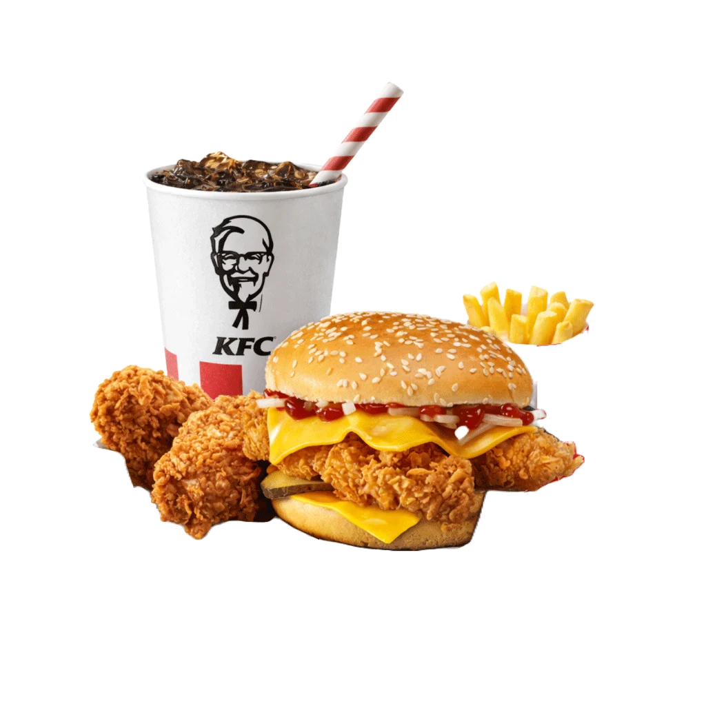 double cheeseburger box sa burgerom, komadima piletine, pomfritom i coca-cola pićem