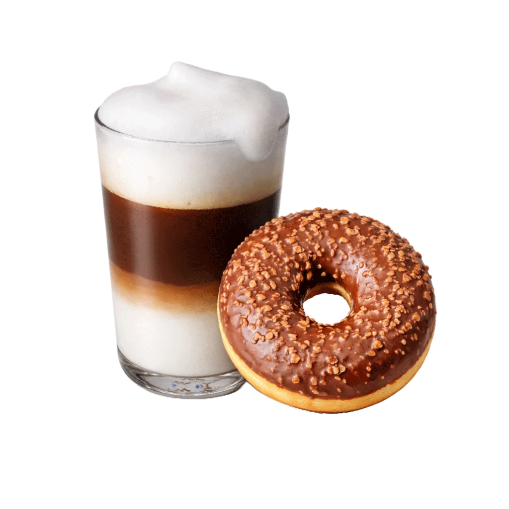 Latte macchiato i čokoladna krofna desert kombinacija