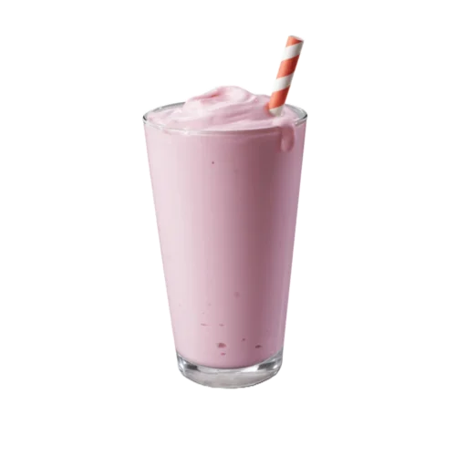 veliki milkshake od jagode u čaši sa slamkom.