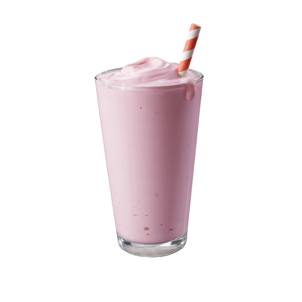 veliki milkshake od jagode u čaši sa slamkom.