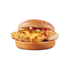 mini cheeseburger sa pilećim fileom, sirom, krastavcima i sosom.