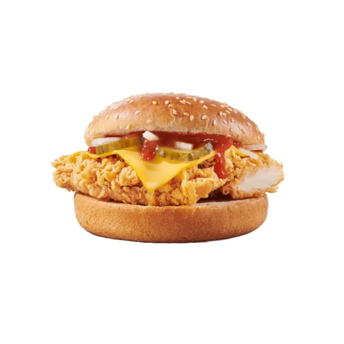 mini cheeseburger sa pilećim fileom, sirom, krastavcima i sosom.