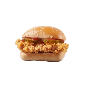 mini chickenburger sa hrskavim pilećim fileom, kiselim krastavcima i sosom.