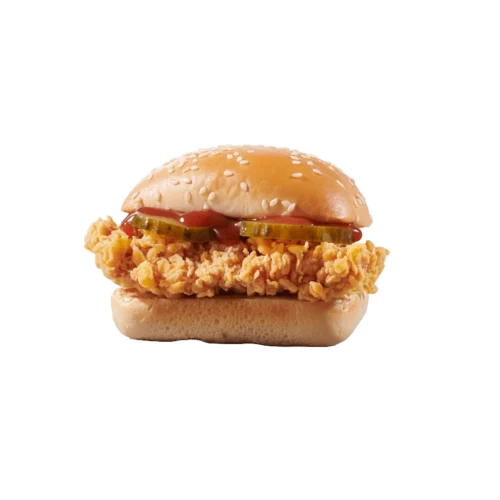 mini chickenburger sa hrskavim pilećim fileom, kiselim krastavcima i sosom.