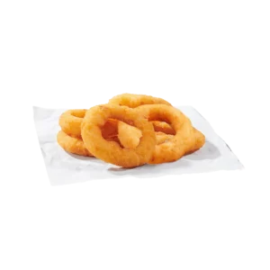 hrskavi onion rings, porcija od 6 komada, zlatno prženi kolutići luka.