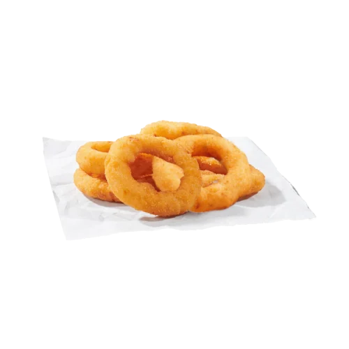 hrskavi onion rings, porcija od 6 komada, zlatno prženi kolutići luka.