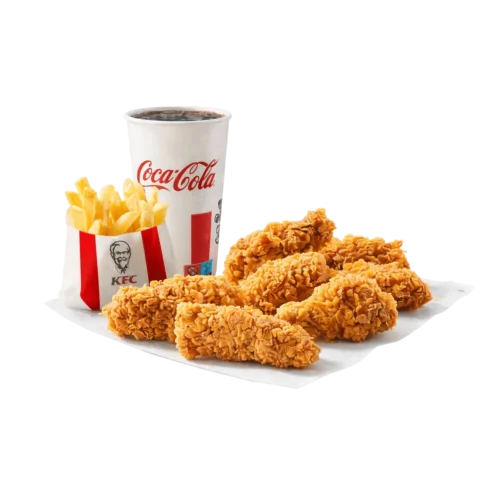 snackbox mix sa više komada pohane piletine, pomfritom i coca-cola pićem