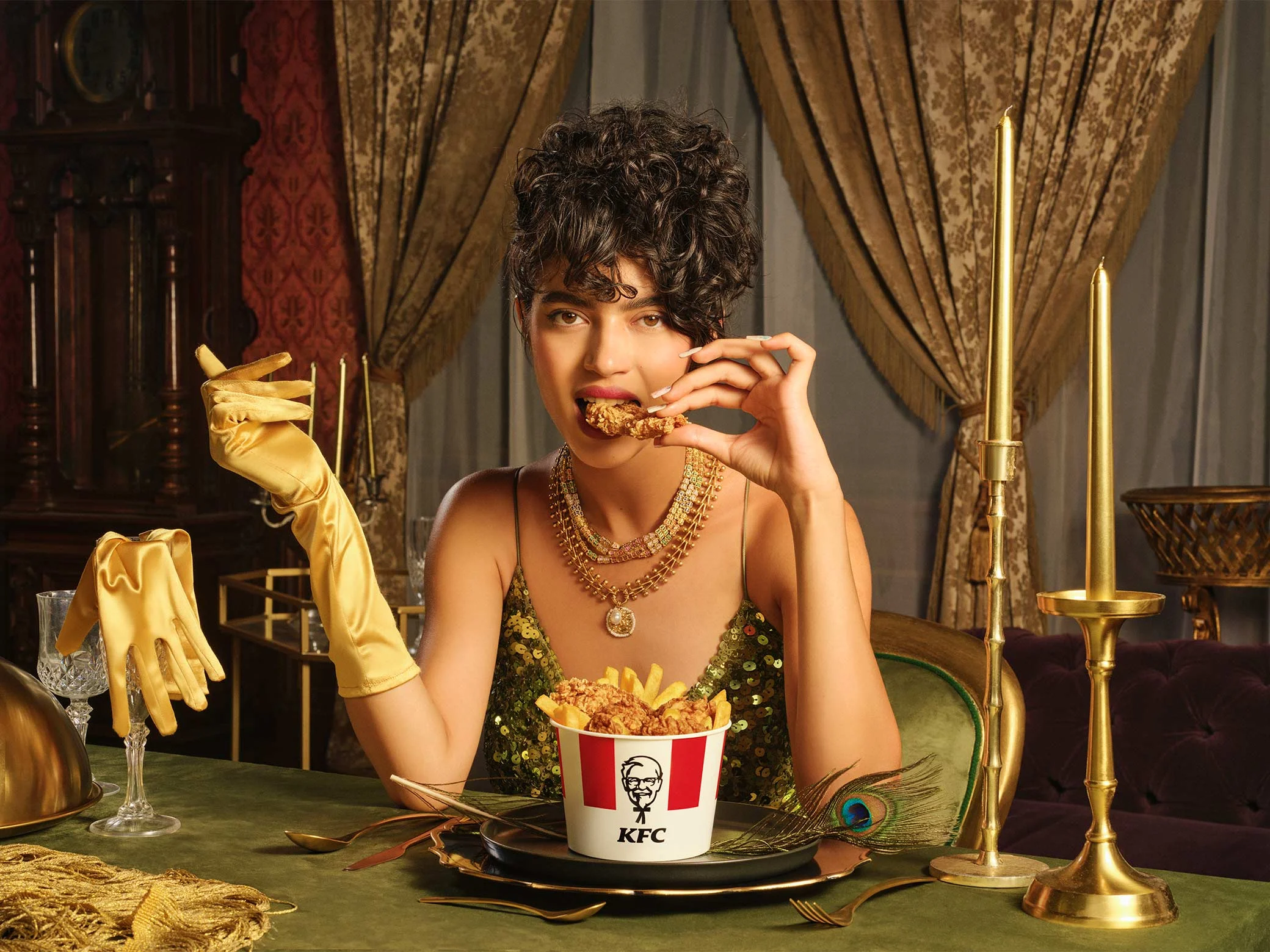 osoba u elegantnom ambijentu jede kfc hrskavu piletinu uz pomfrit za stolom s dekoracijom