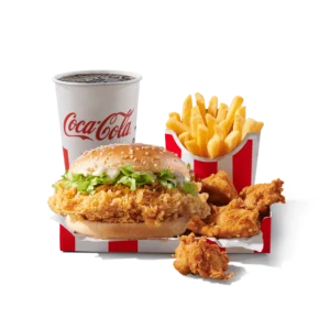 zinger burger box sa pomfritom, pilećim komadima i gaziranim pićem.