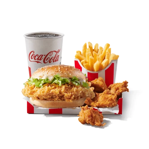 zinger burger box sa pomfritom, pilećim komadima i gaziranim pićem.