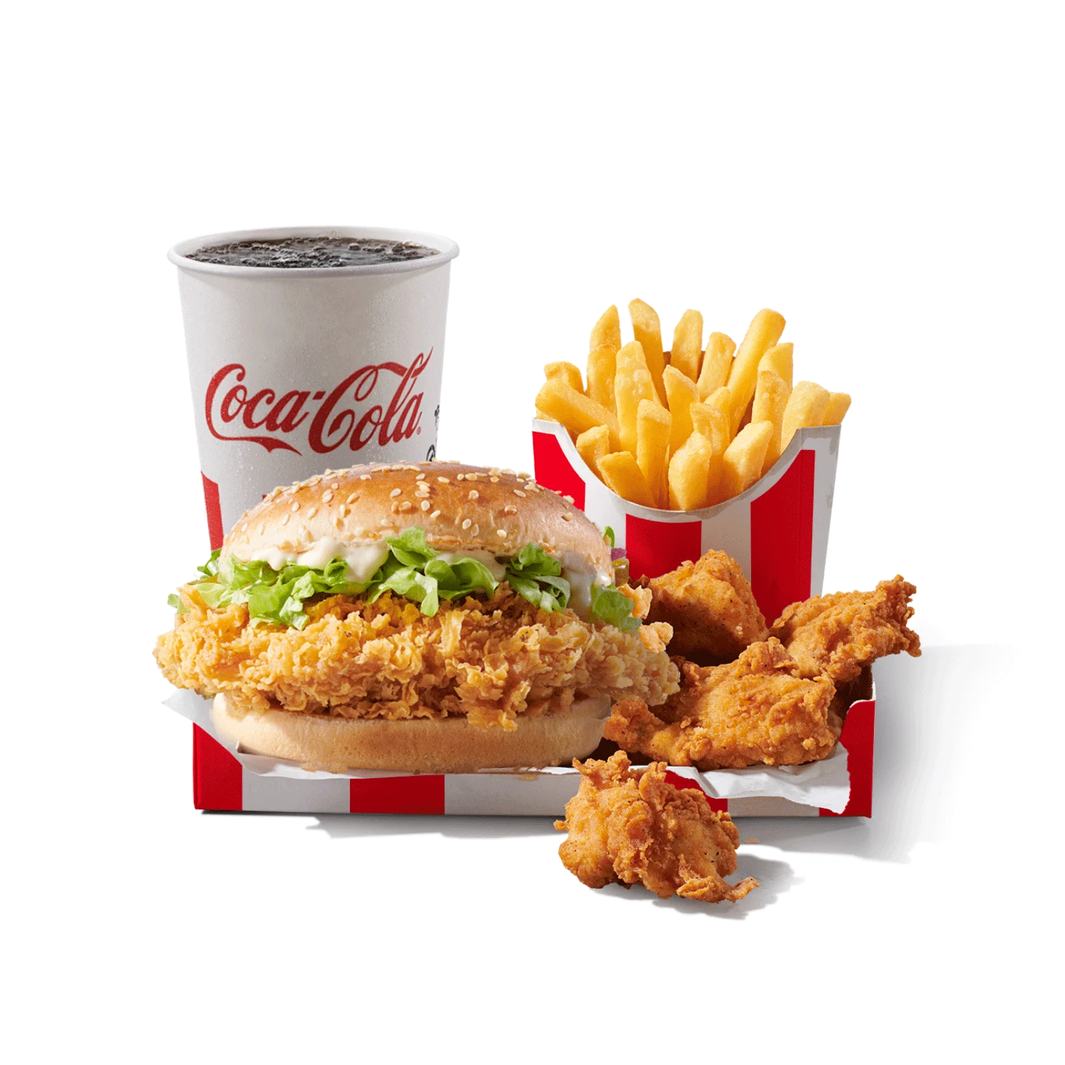 zinger burger box sa pomfritom, pilećim komadima i gaziranim pićem.