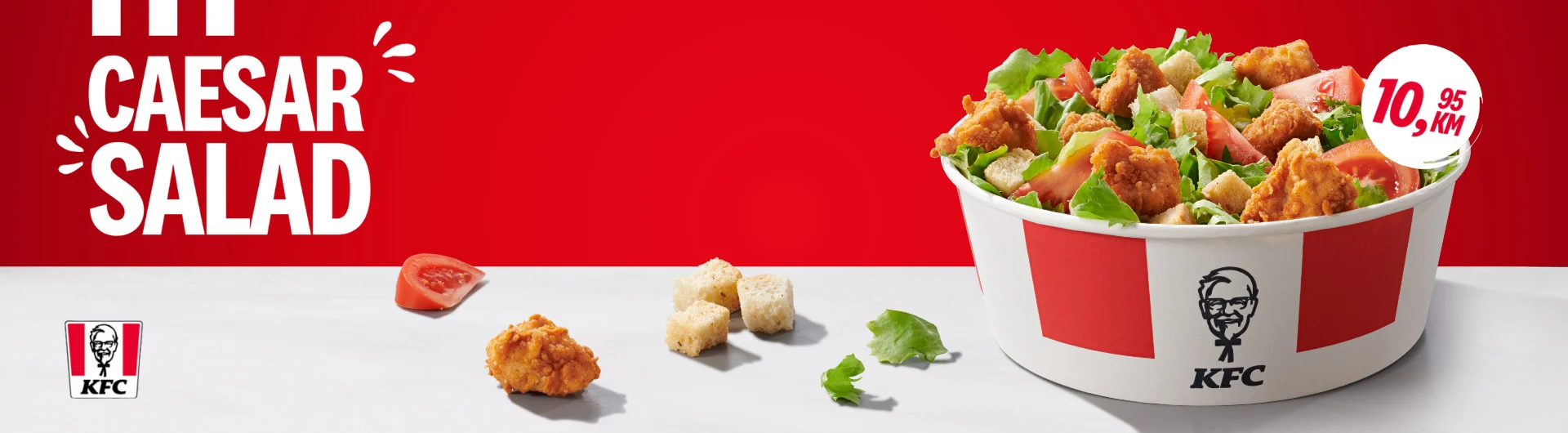 kfc caesar salata sa hrskavom piletinom, svježom zelenom salatom, rajčicom i krutonima po cijeni 10,95 km