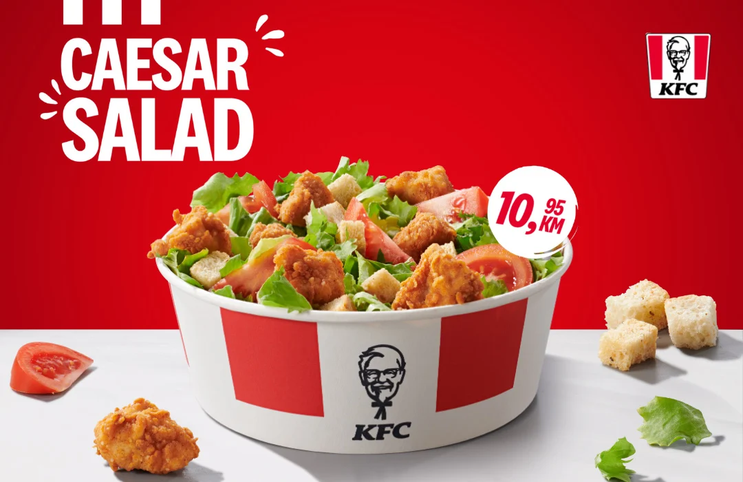 KFC Caesar salata sa hrskavom piletinom, svježom zelenom salatom, rajčicom i krutonima po cijeni 10,95 KM
