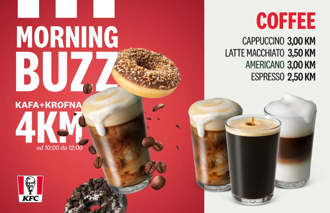 KFC Morning Buzz jutarnja ponuda kafe i krofne po cijeni 4 KM uz prikaz cappuccina, latte macchiata, americana i espressa