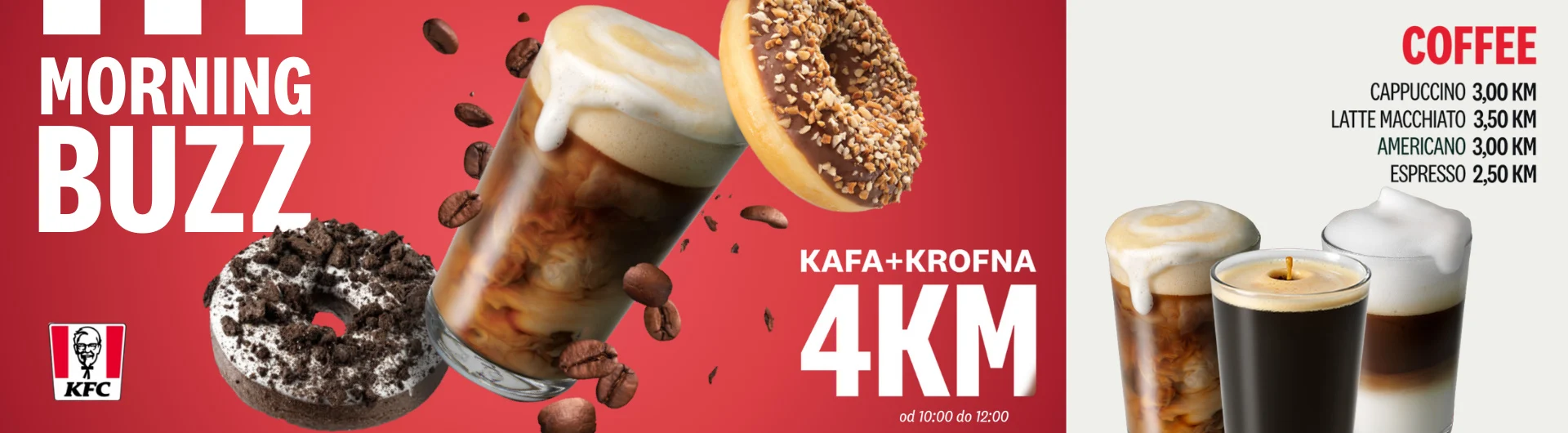 kfc morning buzz ponuda kafe i krofne po cijeni 4 km uz prikaz ledene kafe, krofni i toplih napitaka