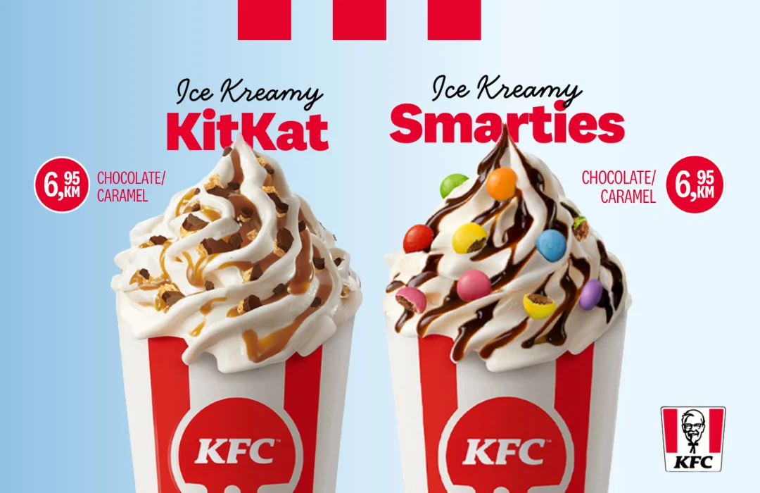 KFC sladoled Ice Kreamy KitKat i Ice Kreamy Smarties sa čokoladnim i karamel preljevom, cijena 6,95 KM