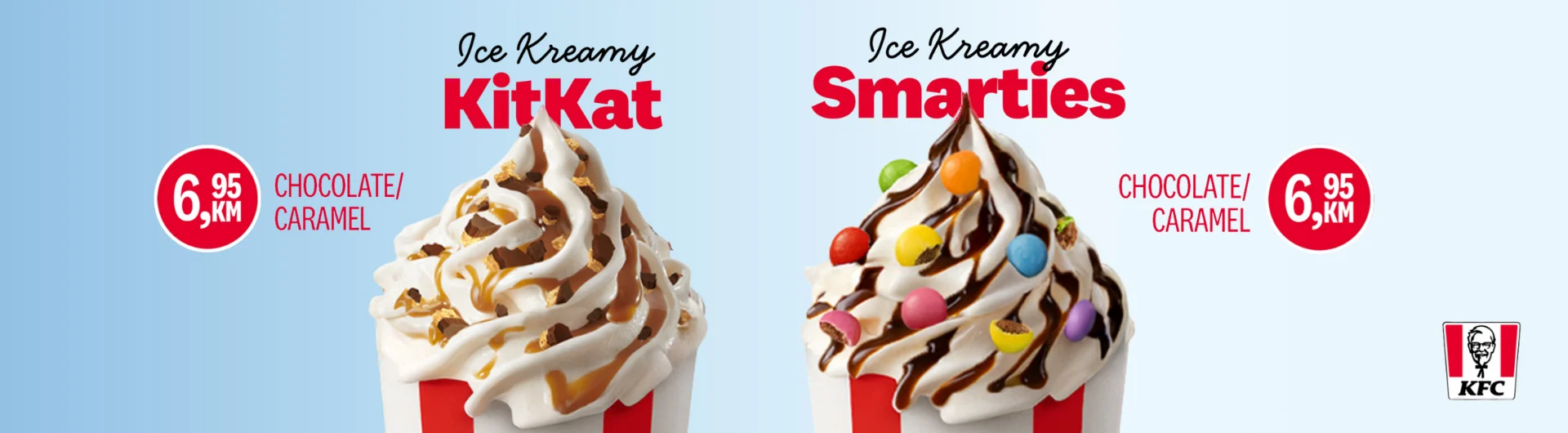 kfc sladoled ice kreamy kitkat i ice kreamy smarties sa čokoladnim i karamel preljevom, cijena 6,95 km